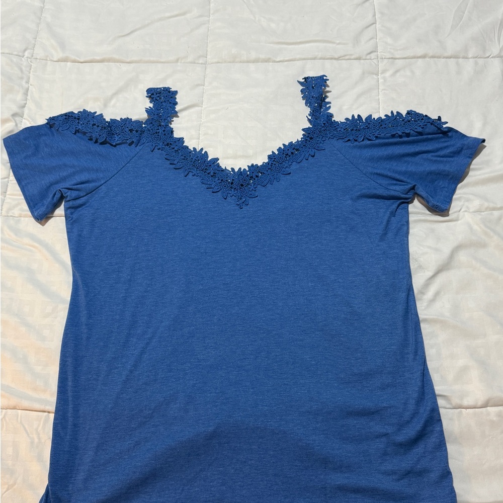 Blue Lace Trim Cold Shoulder Top